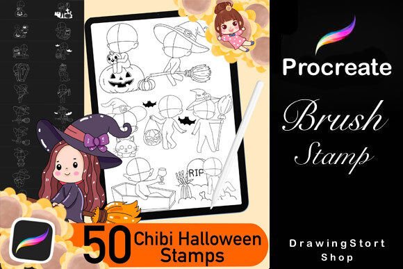 50 Halloween Procreate Pose Stamps for Chibi Creations